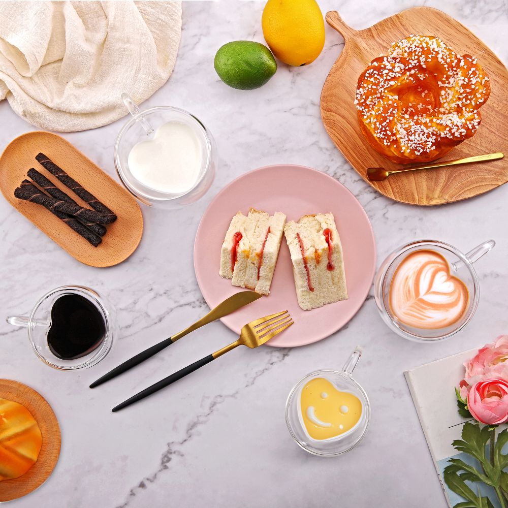 5oz 8.5oz Heart Shaped Coffee Tea Glasses Cup with Handle 2 Pcs