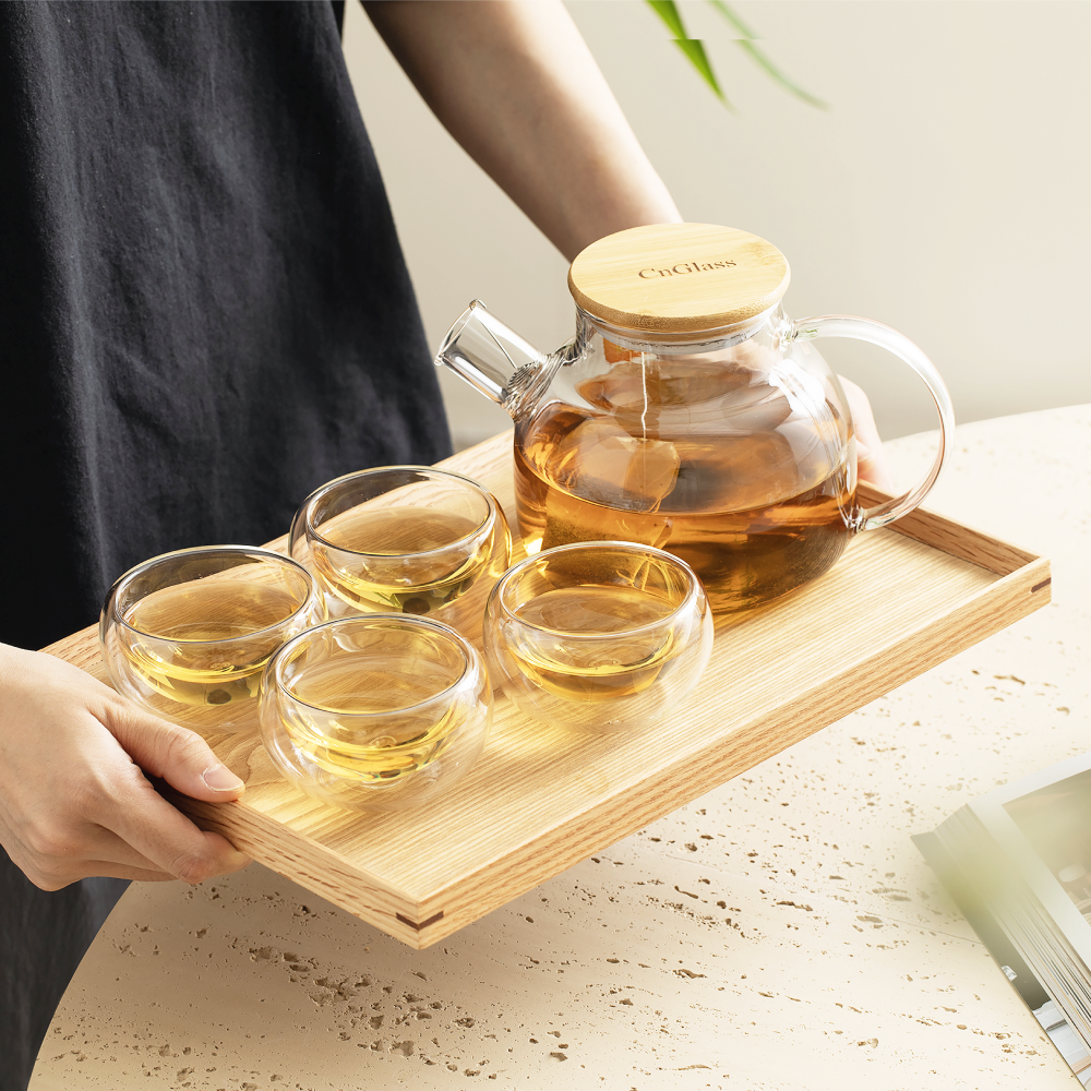 Bamboo Lid Water Pitcher Glass Teapot Tea Cups Set 5 Pcs – slonmall